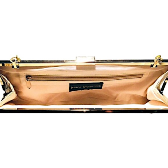 Jessica McClintock Clutch Bag Gold Chain Clasp Rectangle Inside Pocket Zipper - Picture 4 of 14